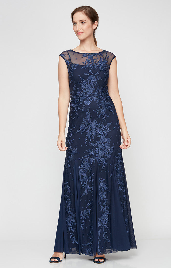 Petite - Embroidered Gown with Illusion Neckline & Godet Detail Skirt