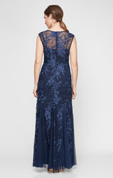 Petite - Embroidered Gown with Illusion Neckline & Godet Detail Skirt