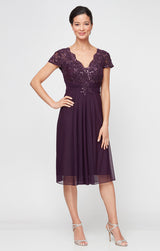Regular - Short Cap Sleeve Empire Waist Dress with Scallop Detail & Ruched Waist