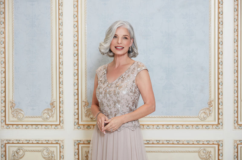 Regular - Long V-Neck Embroidered Stretch Tulle Gown