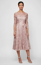 Regular - Midi Length Embroidered Tulle A-Line Dress with Illusion Neckline & Tie Belt