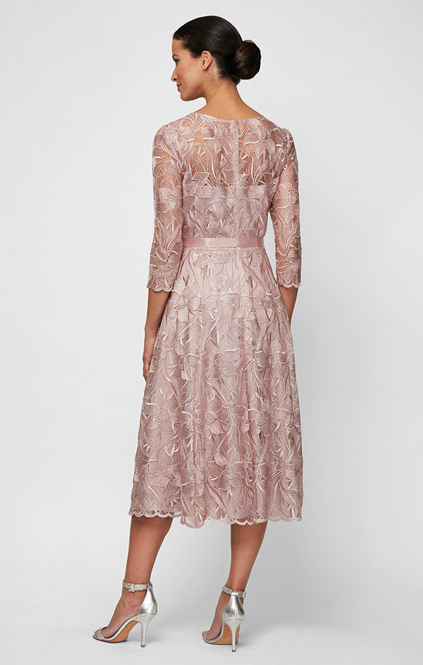 Regular - Midi Length Embroidered Tulle A-Line Dress with Illusion Neckline & Tie Belt