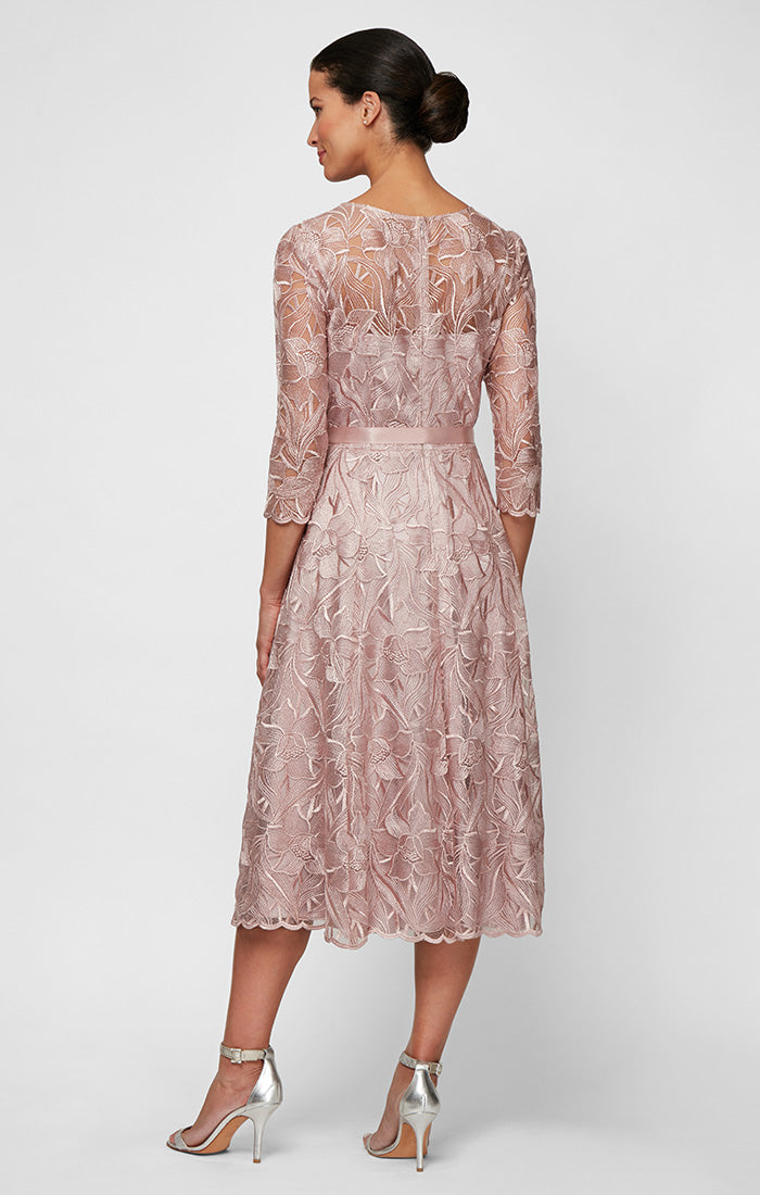 Regular - Midi Length Embroidered Tulle A-Line Dress with Illusion Neckline & Tie Belt