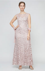 Long Embroidered Fit & Flare Dress with Illusion Neckline and Shawl