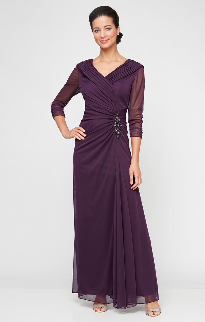 Long Portrait Collar Dress With Embellished Detail at Hip and Ruched Skirt Detail