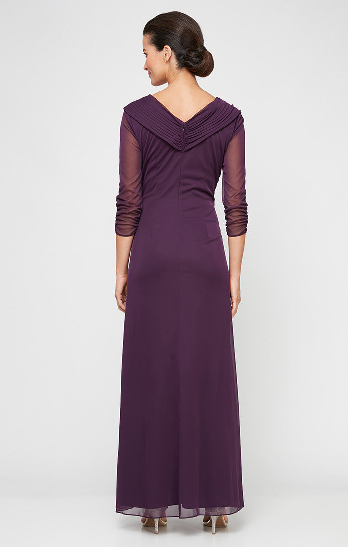 Long Portrait Collar Dress With Embellished Detail at Hip and Ruched Skirt Detail