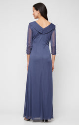 Long Portrait Collar Dress With Embellished Detail at Hip and Ruched Skirt Detail