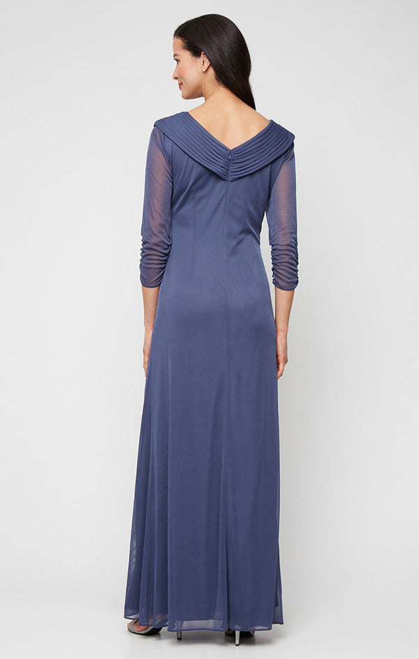 Long Portrait Collar Dress With Embellished Detail at Hip and Ruched Skirt Detail