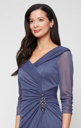 Long Portrait Collar Dress With Embellished Detail at Hip and Ruched Skirt Detail