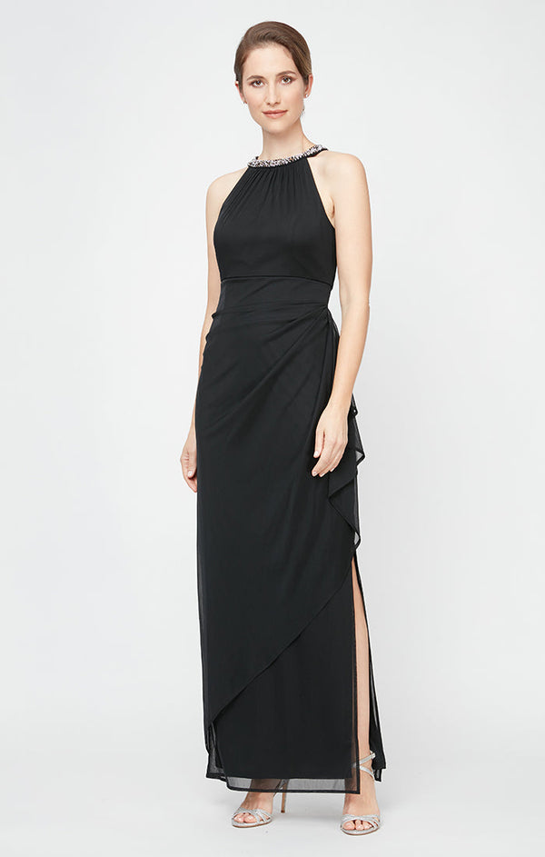 Beaded Halter Style Neckline Dress and Cascade Ruffle Detail Skirt