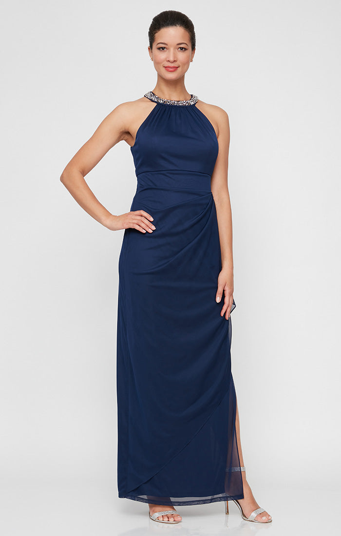 Beaded Halter Style Neckline Dress and Cascade Ruffle Detail Skirt