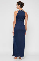 Beaded Halter Style Neckline Dress and Cascade Ruffle Detail Skirt