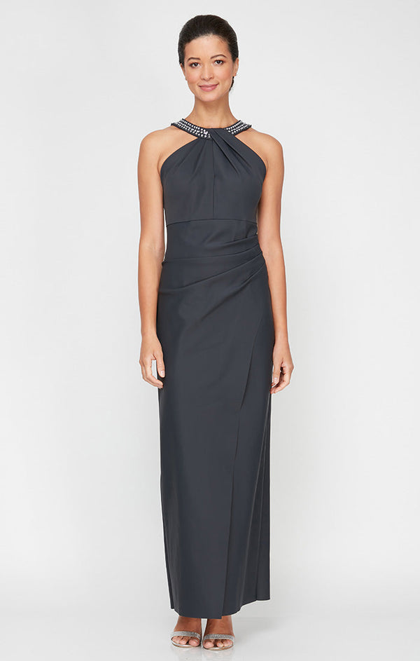 Long Halter Neck Column Dress With Embellishment at Neck and Overlay Skirt
