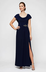 Cowl Neck A-Line Matte Jersey Dress with Pleated Bodice Detail, Cowl Back, and Embellishment Detail at Waist