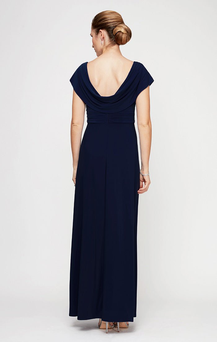 Cowl Neck A-Line Matte Jersey Dress with Pleated Bodice Detail, Cowl Back, and Embellishment Detail at Waist