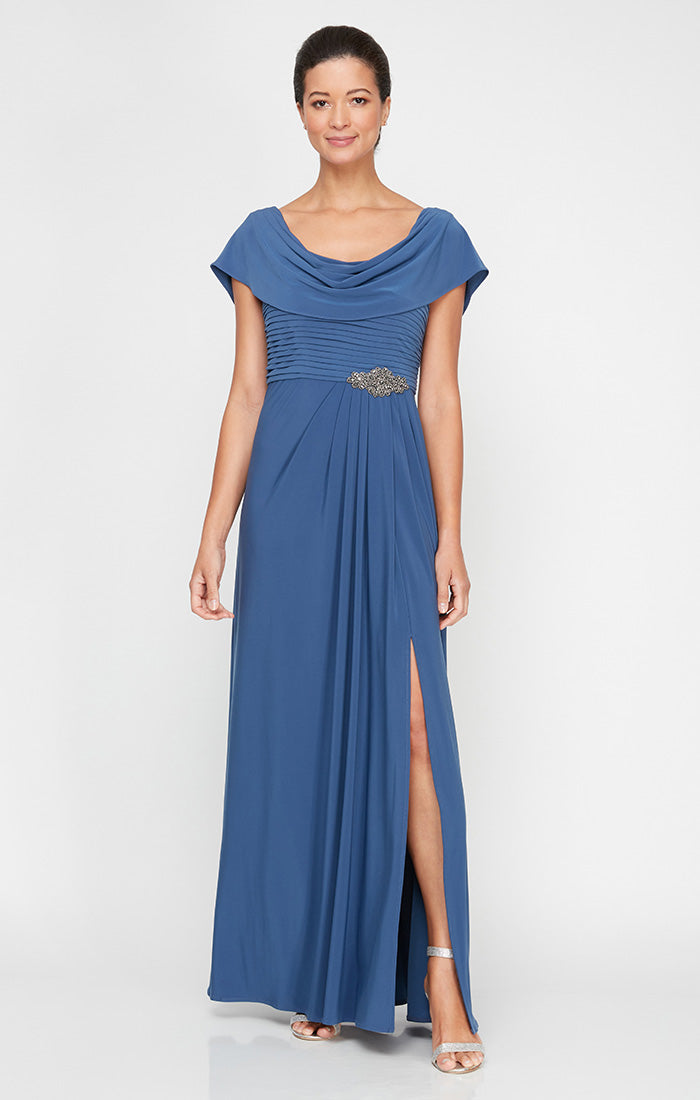 Cowl Neck A-Line Matte Jersey Dress with Pleated Bodice Detail, Cowl Back, and Embellishment Detail at Waist