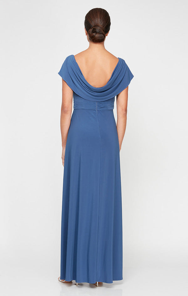 Cowl Neck A-Line Matte Jersey Dress with Pleated Bodice Detail, Cowl Back, and Embellishment Detail at Waist