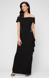 Long Off-the-Shoulder Matte Jersey Dress with Foldover Cuff, Embellishment Detail at Hip and Cascade Ruffle Skirt