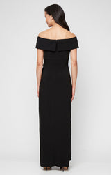 Long Off-the-Shoulder Matte Jersey Dress with Foldover Cuff, Embellishment Detail at Hip and Cascade Ruffle Skirt
