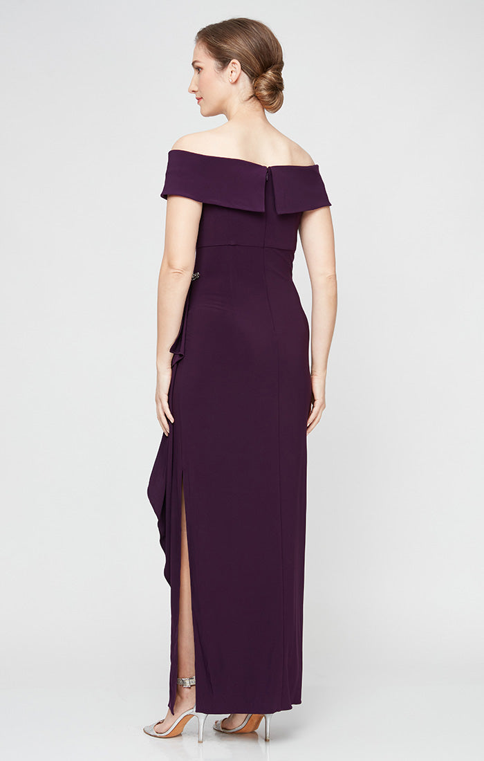 Long Off-the-Shoulder Matte Jersey Dress with Foldover Cuff, Embellishment Detail at Hip and Cascade Ruffle Skirt