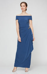 Long Off-the-Shoulder Matte Jersey Dress with Foldover Cuff, Embellishment Detail at Hip and Cascade Ruffle Skirt