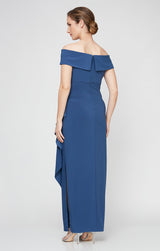 Long Off-the-Shoulder Matte Jersey Dress with Foldover Cuff, Embellishment Detail at Hip and Cascade Ruffle Skirt