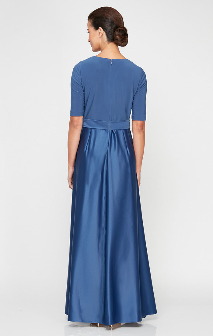 Petite Surplice Neckline Ballgown with Full Satin Skirt & Jersey Bodice
