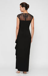 Long Empire Waist Dress with Embellished and Embroidered Illusion Neckline/Back Detail and Cascade Detail Skirt
