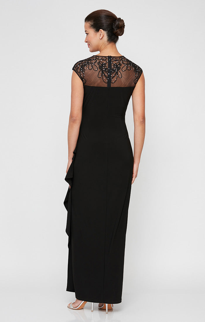 Long Empire Waist Dress with Embellished and Embroidered Illusion Neckline/Back Detail and Cascade Detail Skirt