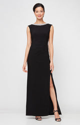 Long Sleeveless Dress with Embellishment Detail at Neckline and Front Slit
