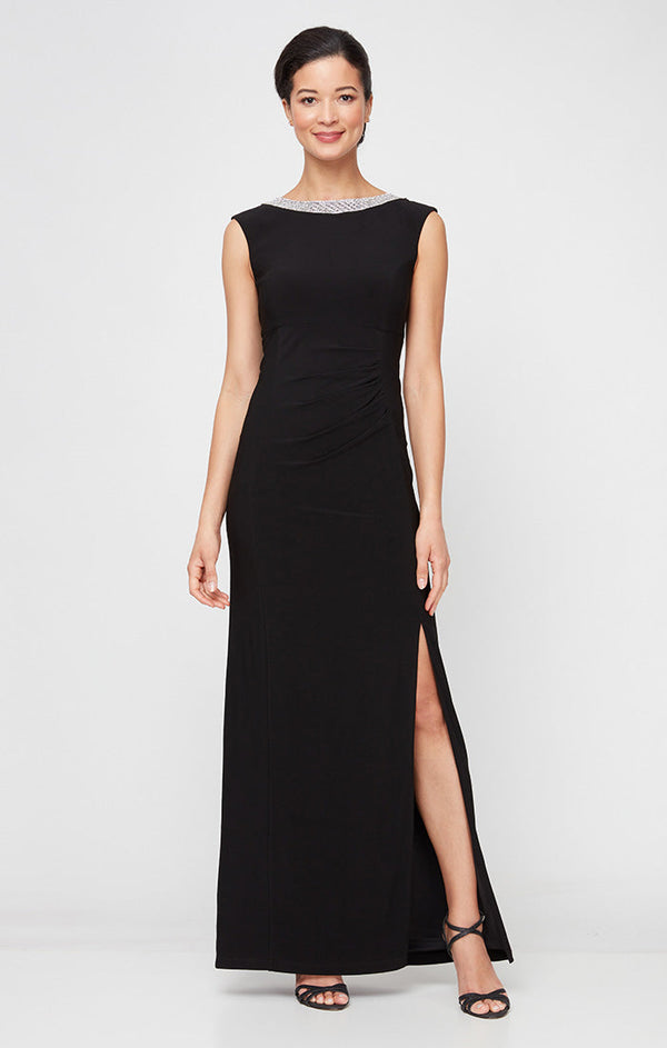 Long Sleeveless Dress with Embellishment Detail at Neckline and Front Slit