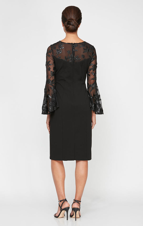 Petite Short V-Neck Sheath Crepe Dress with Illusion Neckline & Cascade Bell Sleeves