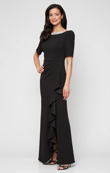 Long Embellished Neck Dress with Elbow Sleeves and Cascade Detail Skirt