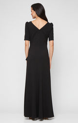 Long Embellished Neck Dress with Elbow Sleeves and Cascade Detail Skirt