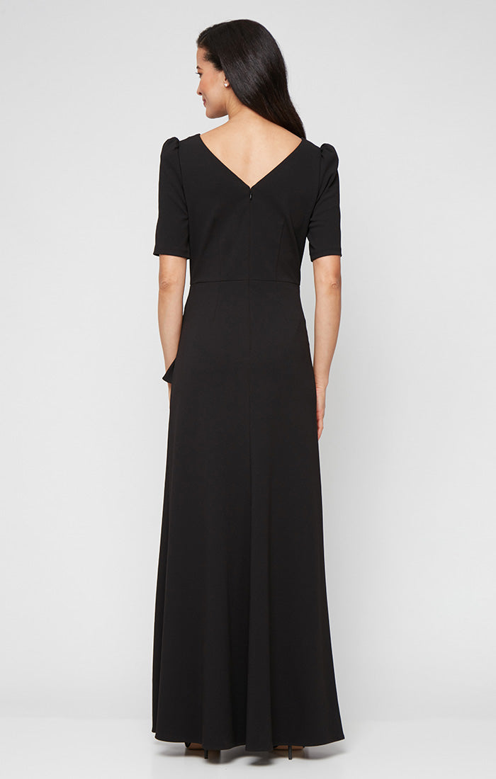 Long Embellished Neck Dress with Elbow Sleeves and Cascade Detail Skirt