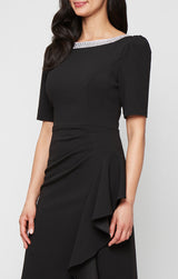 Long Embellished Neck Dress with Elbow Sleeves and Cascade Detail Skirt