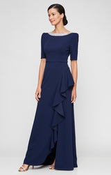 Long Embellished Neck Dress with Elbow Sleeves and Cascade Detail Skirt