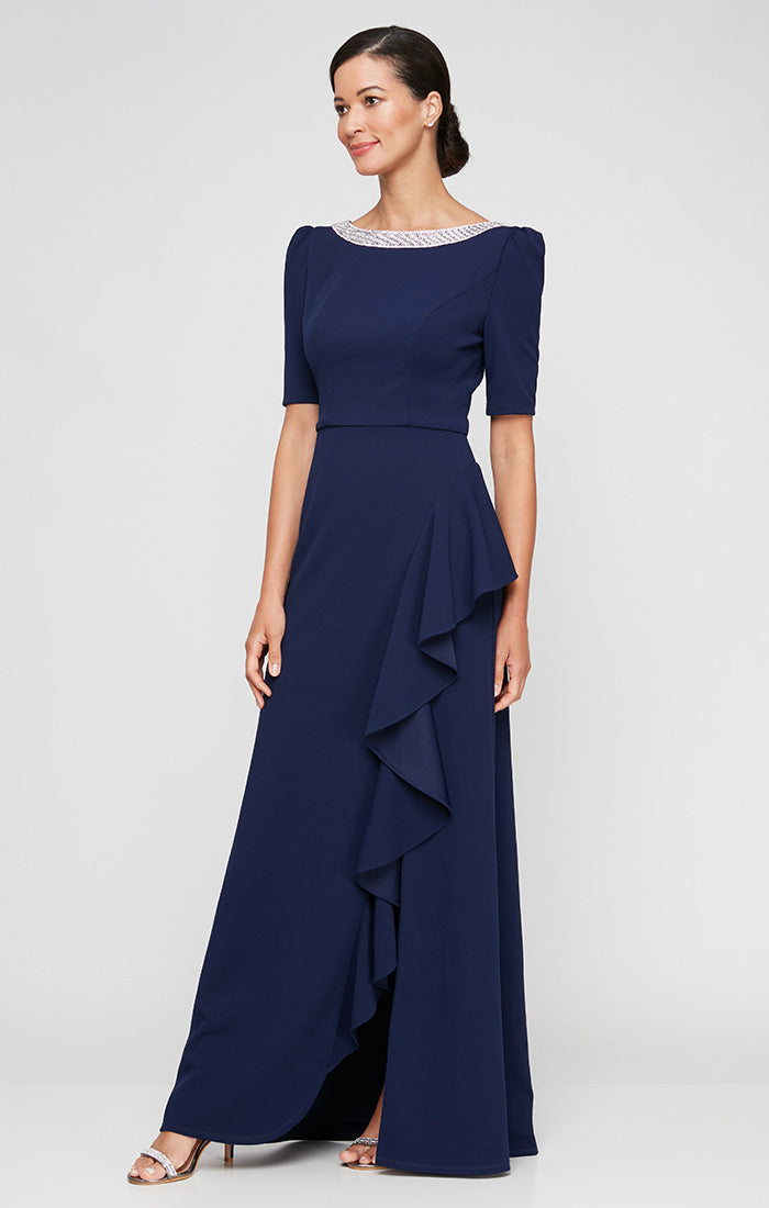 Long Embellished Neck Dress with Elbow Sleeves and Cascade Detail Skirt