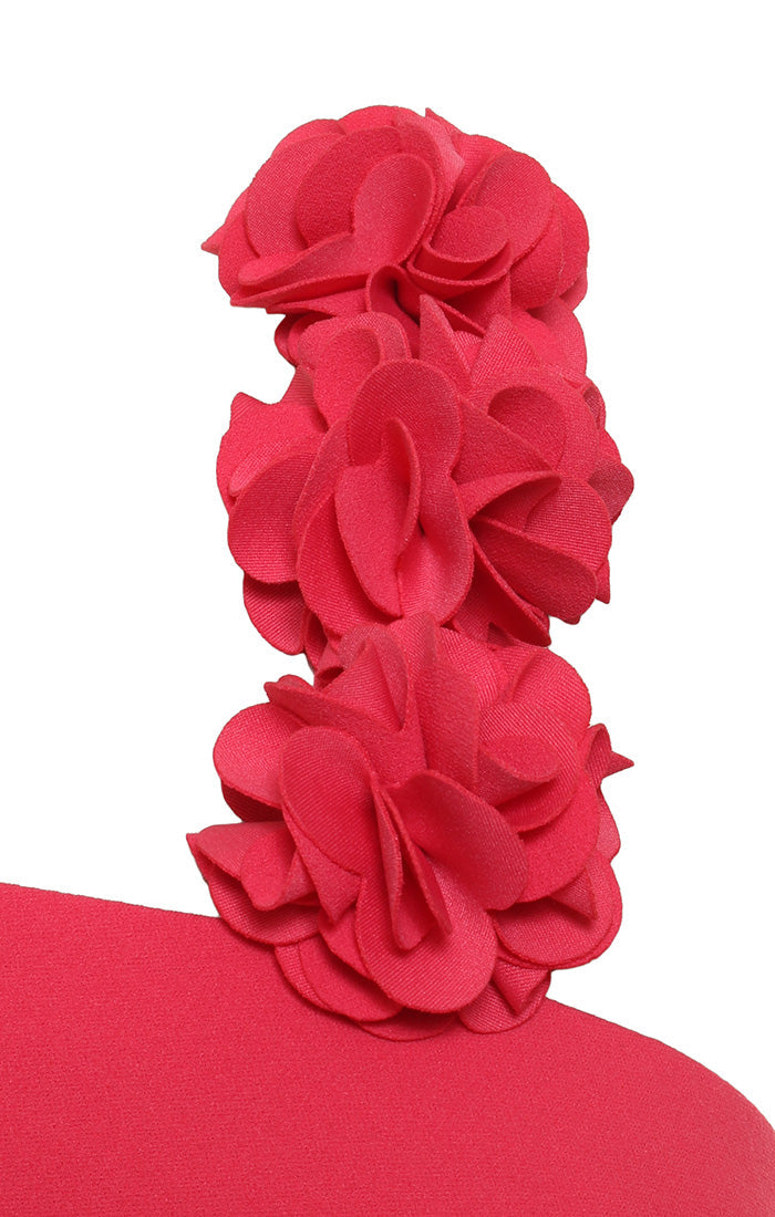 Long Stretch Crepe Dress with Flower Strap Detail and Cascade Skirt