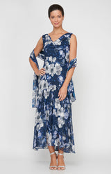 Tea-Length Sleeveless Printed Cowl Neck Dress with Flounce Hem and Shawl
