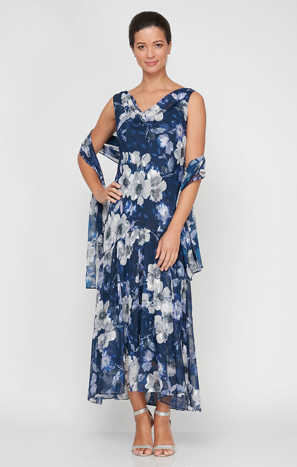 Tea-Length Sleeveless Printed Cowl Neck Dress with Flounce Hem and Shawl