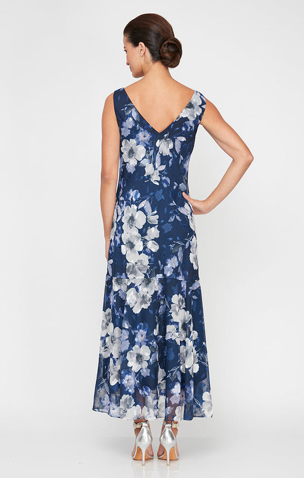 Tea-Length Sleeveless Printed Cowl Neck Dress with Flounce Hem and Shawl