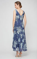 Cowl Neck Floral Chiffon Dress with High/Low Skirt and Matching Shawl