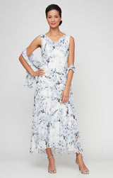 Floral Chiffon Sleeveless Dress with Cowl Neckline and Shawl