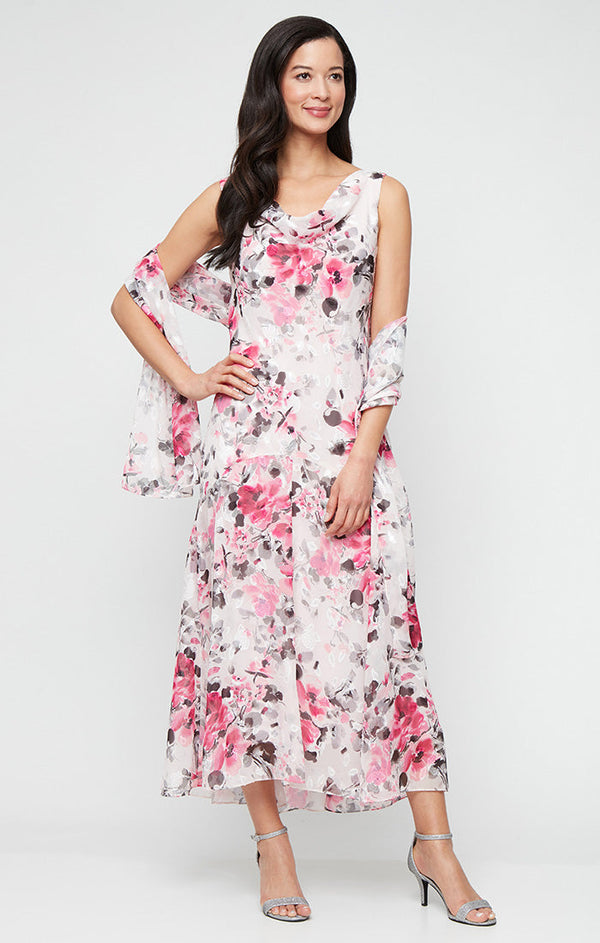Tea-Length Floral Chiffon Cowl Neck Dress with High/Low Skirt and Shawl