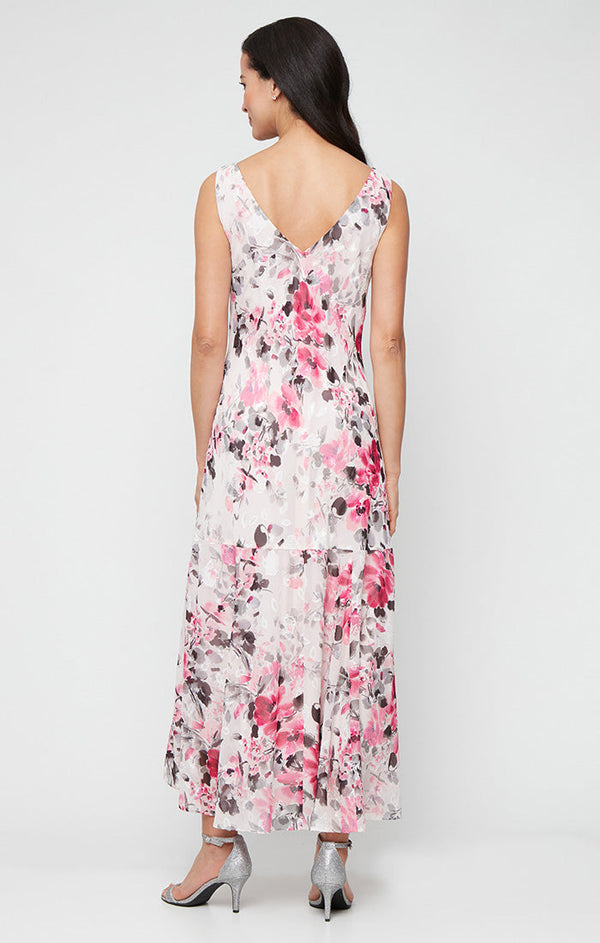 Tea-Length Floral Chiffon Cowl Neck Dress with High/Low Skirt and Shawl