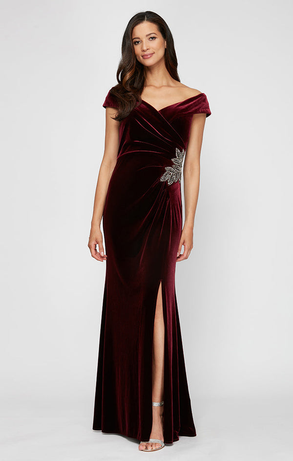 Off-the-Shoulder Fit & Flare Velvet Gown with Sweetheart Neckline