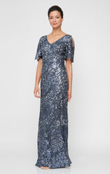 V-Neck Sequin Dress with Cold Shoulder Flutter Sleeve