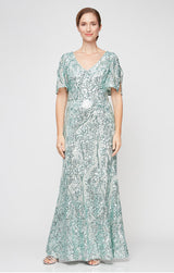 V-Neck Sequin Dress with Cold Shoulder Flutter Sleeve