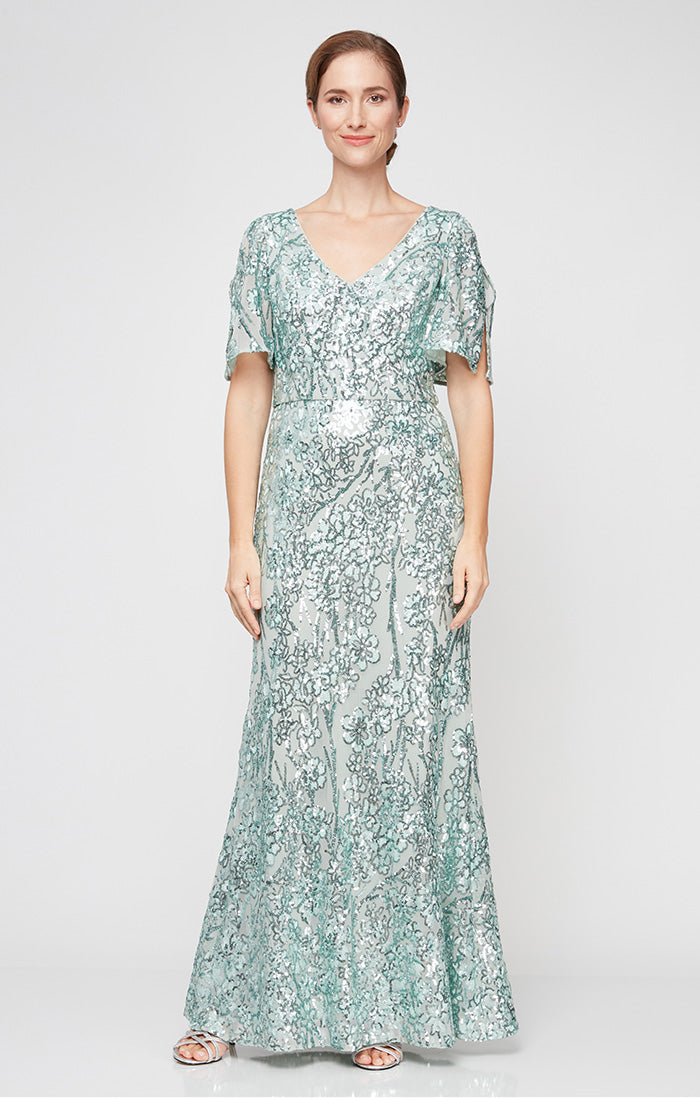 V-Neck Sequin Dress with Cold Shoulder Flutter Sleeve